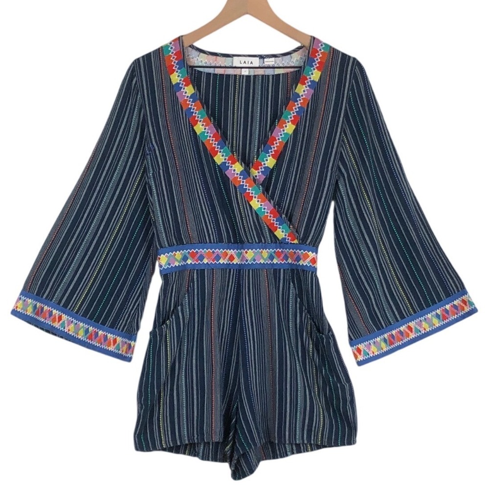 LAIA Anthropologie Nantucket Embroidered Striped Romper Sz‎ XS Boho Bell Sleeve